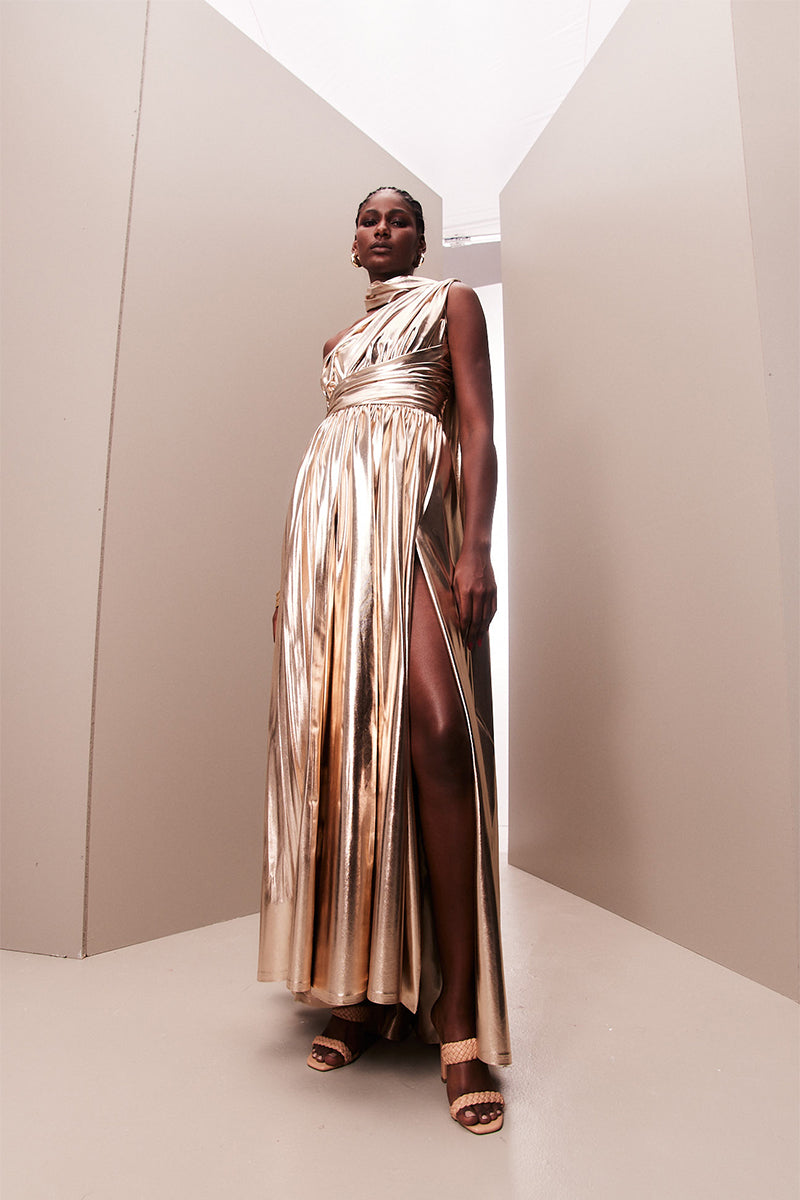 ROSE GOLD METALLIC DRAPED ASYMMETRIC GOWN - CULT MIA