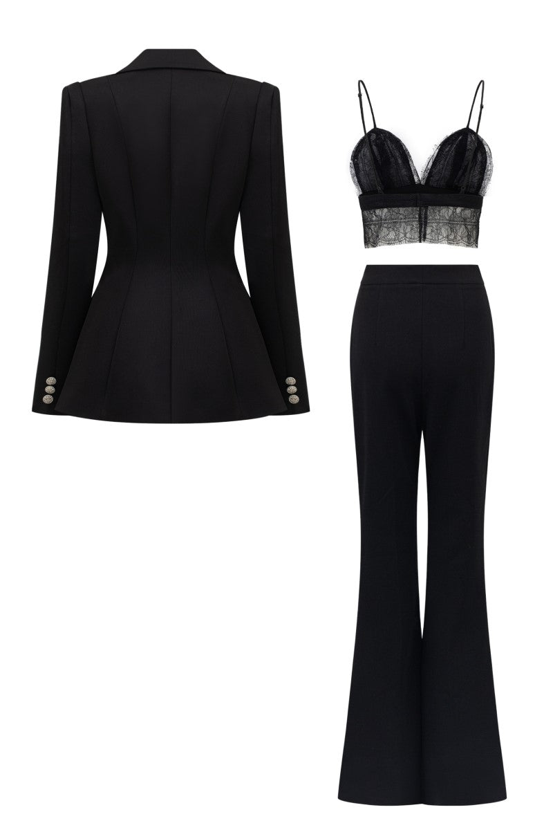 FIDELIA BLACK TAFFETA SLIM FIT THREE PIECE SET - CULT MIA