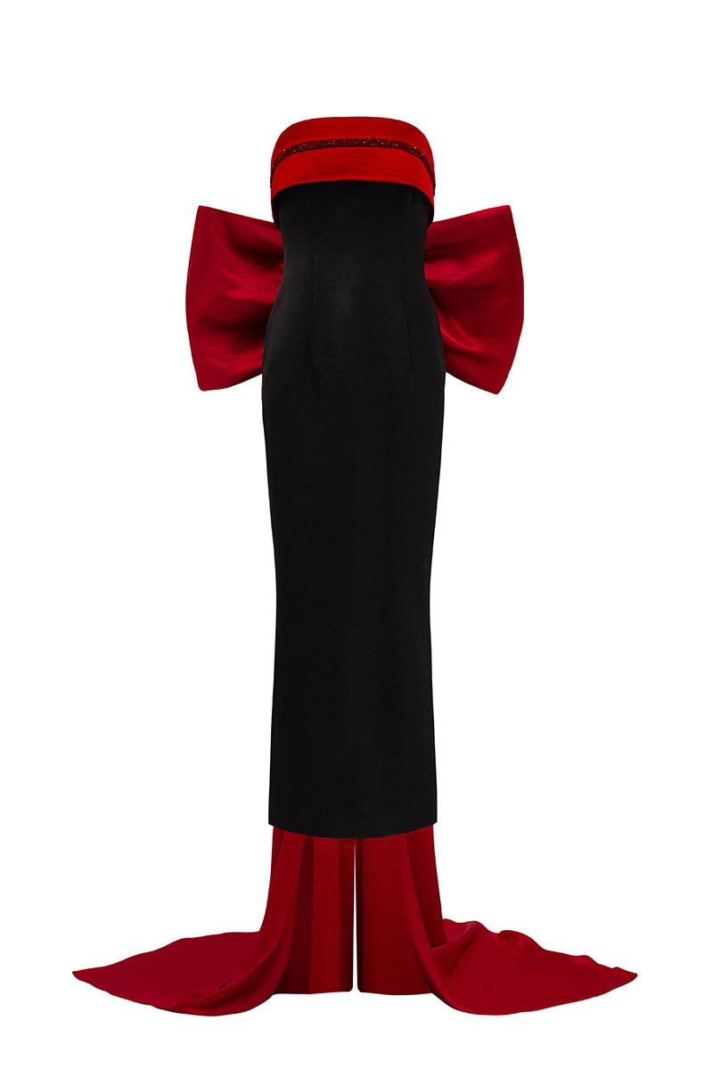 red dress with black bow Strapless Bow Detail Maxi Dress Black Red