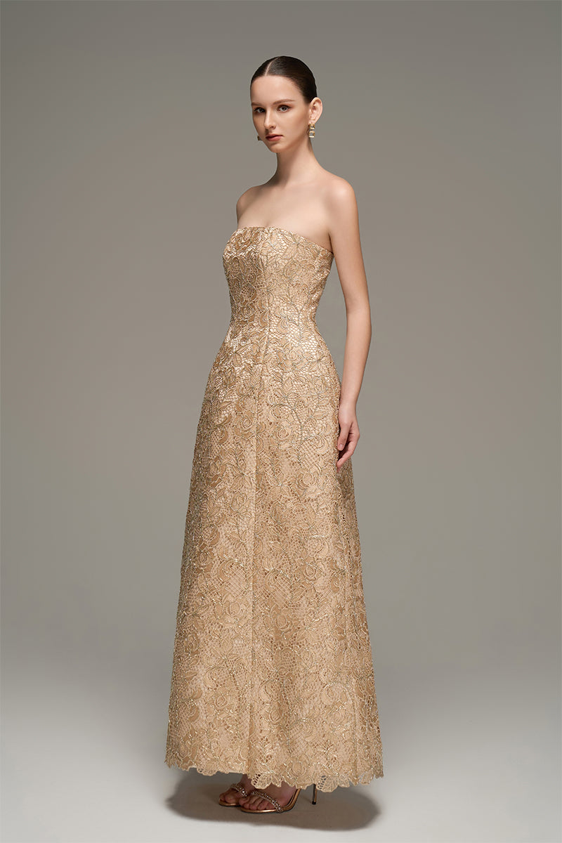 BUSTIER LACE MAXI DRESS IN BEIGE - CULT MIA