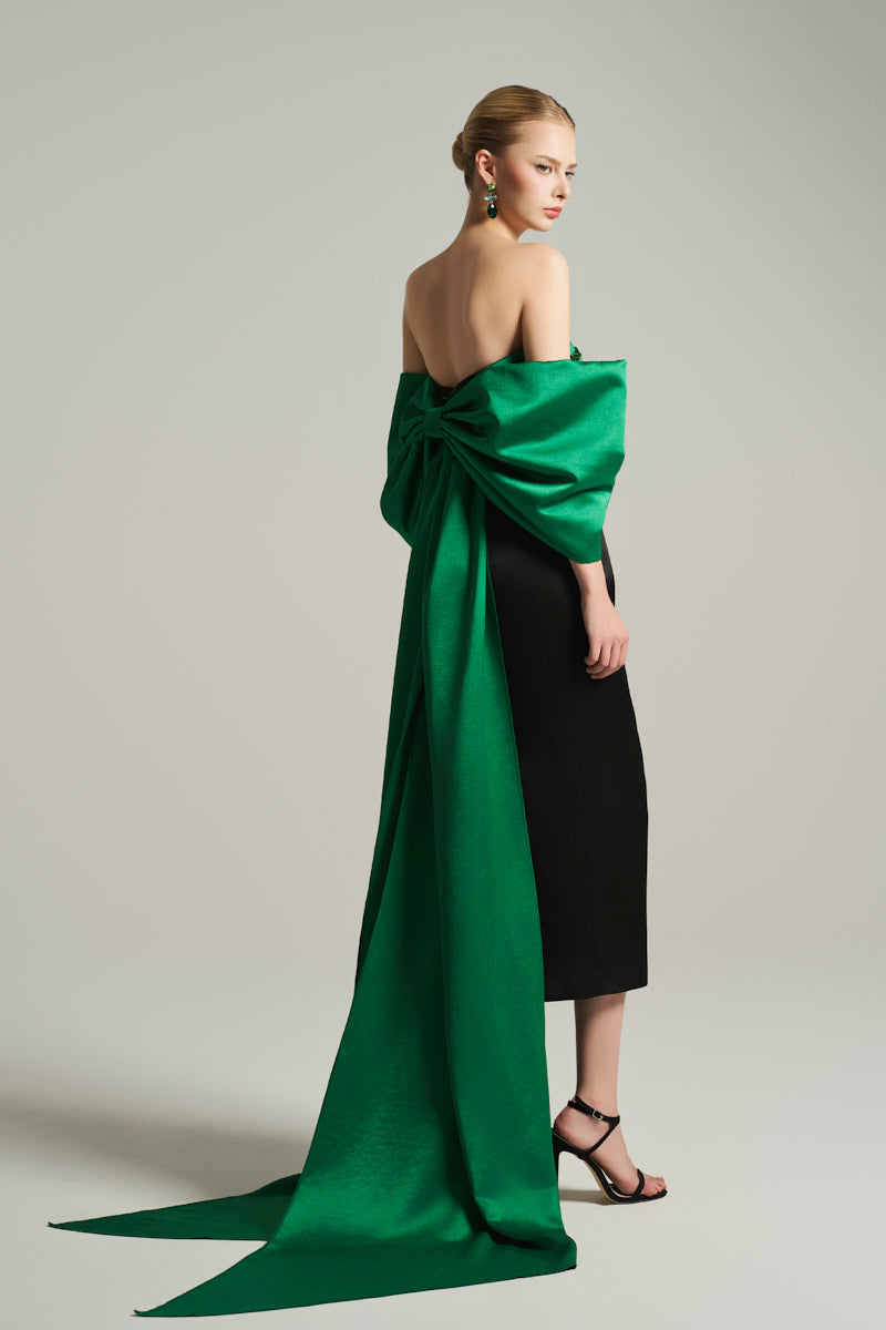 BUSTIER MIDI DRESS IN BLACK AND EMERALD - CULT MIA