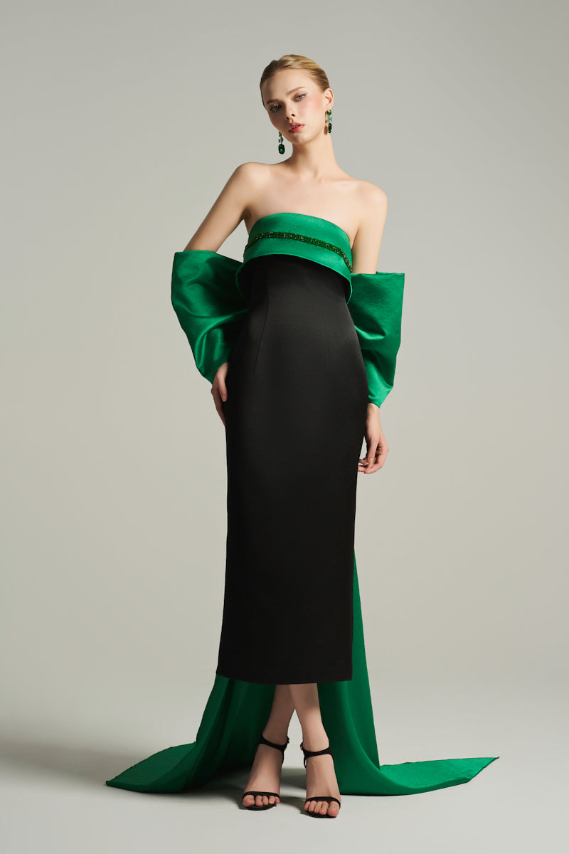 BUSTIER MIDI DRESS IN BLACK AND EMERALD - CULT MIA