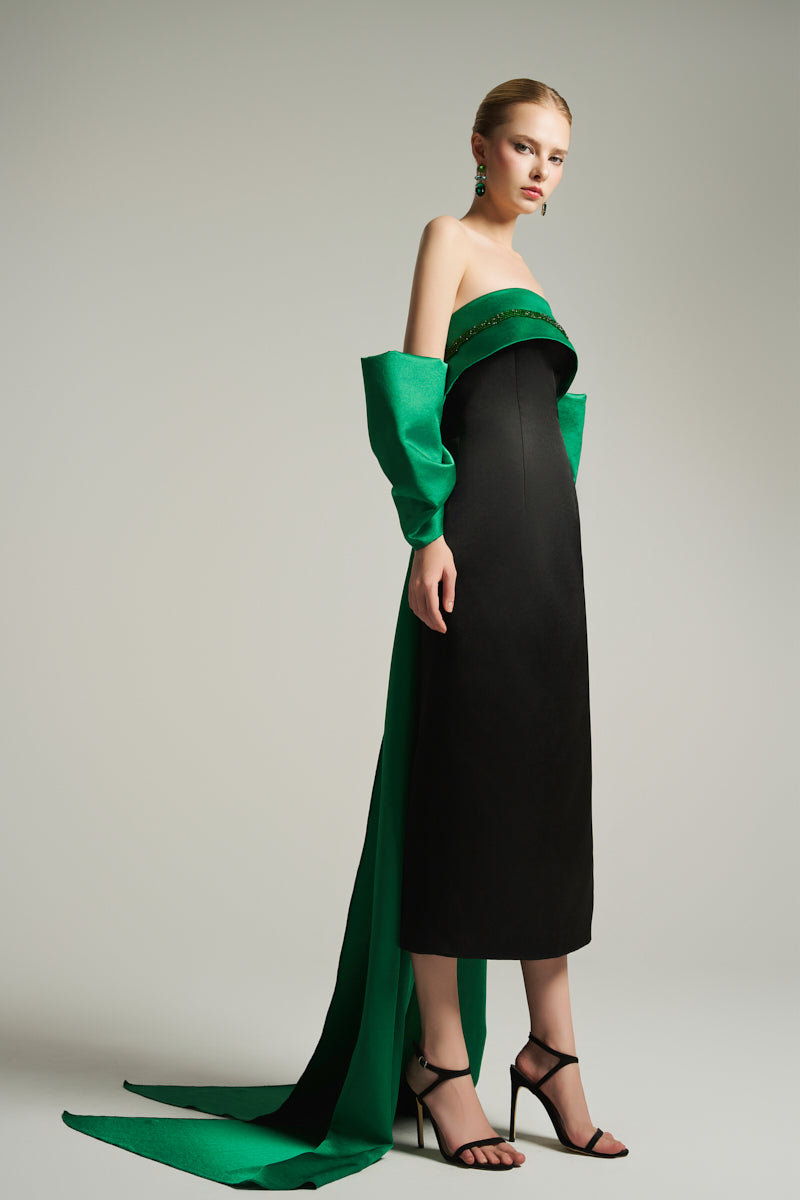 BUSTIER MIDI DRESS IN BLACK AND EMERALD - CULT MIA
