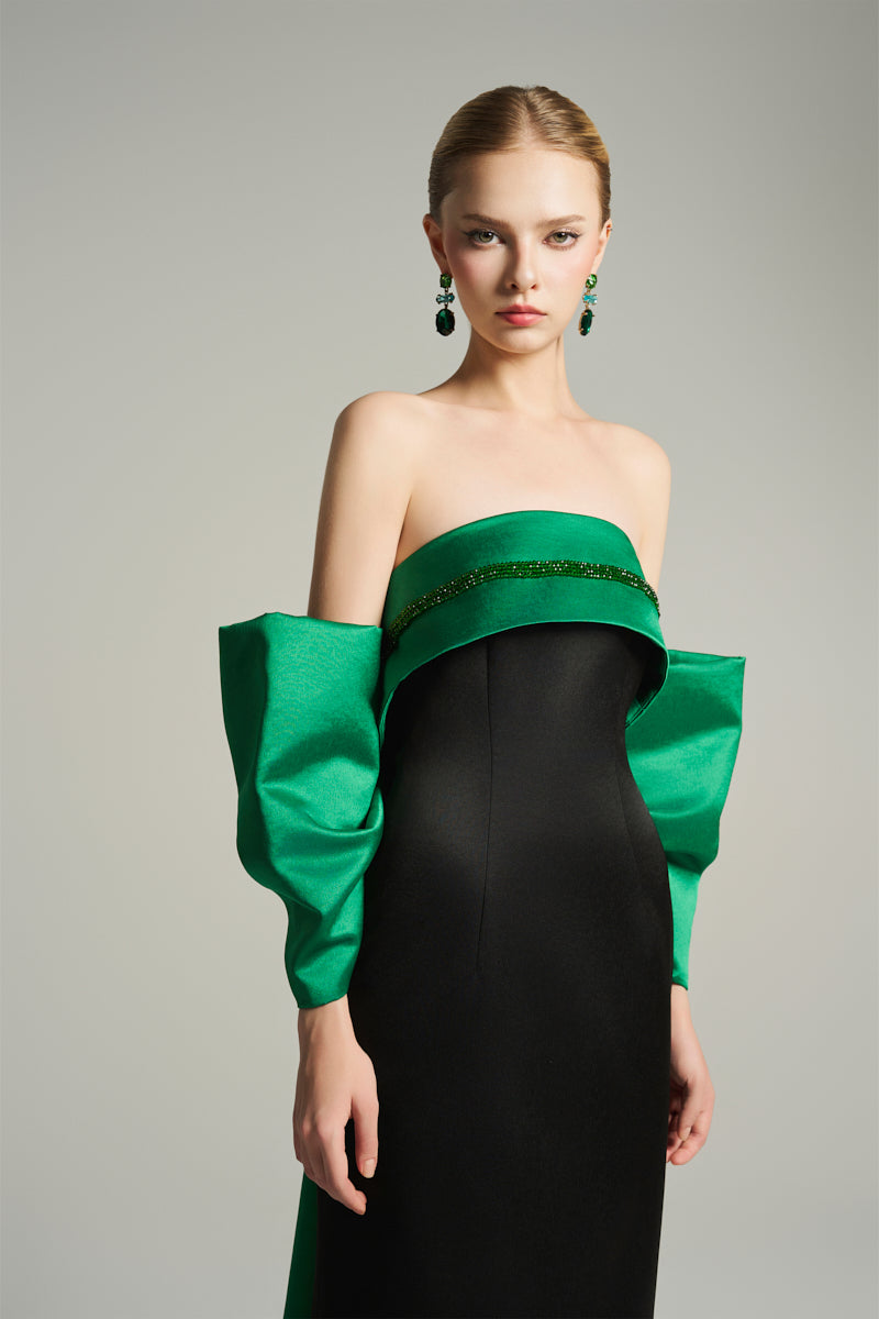 BUSTIER MIDI DRESS IN BLACK AND EMERALD - CULT MIA