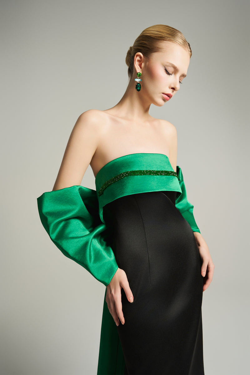 BUSTIER MIDI DRESS IN BLACK AND EMERALD - CULT MIA