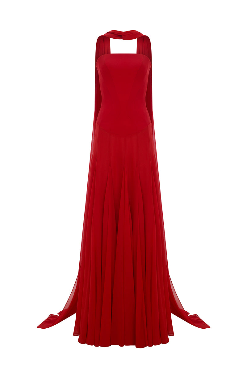 estrella maxi dress Estrella | RED High-Neck Maxi Dress With Ruched Detailing