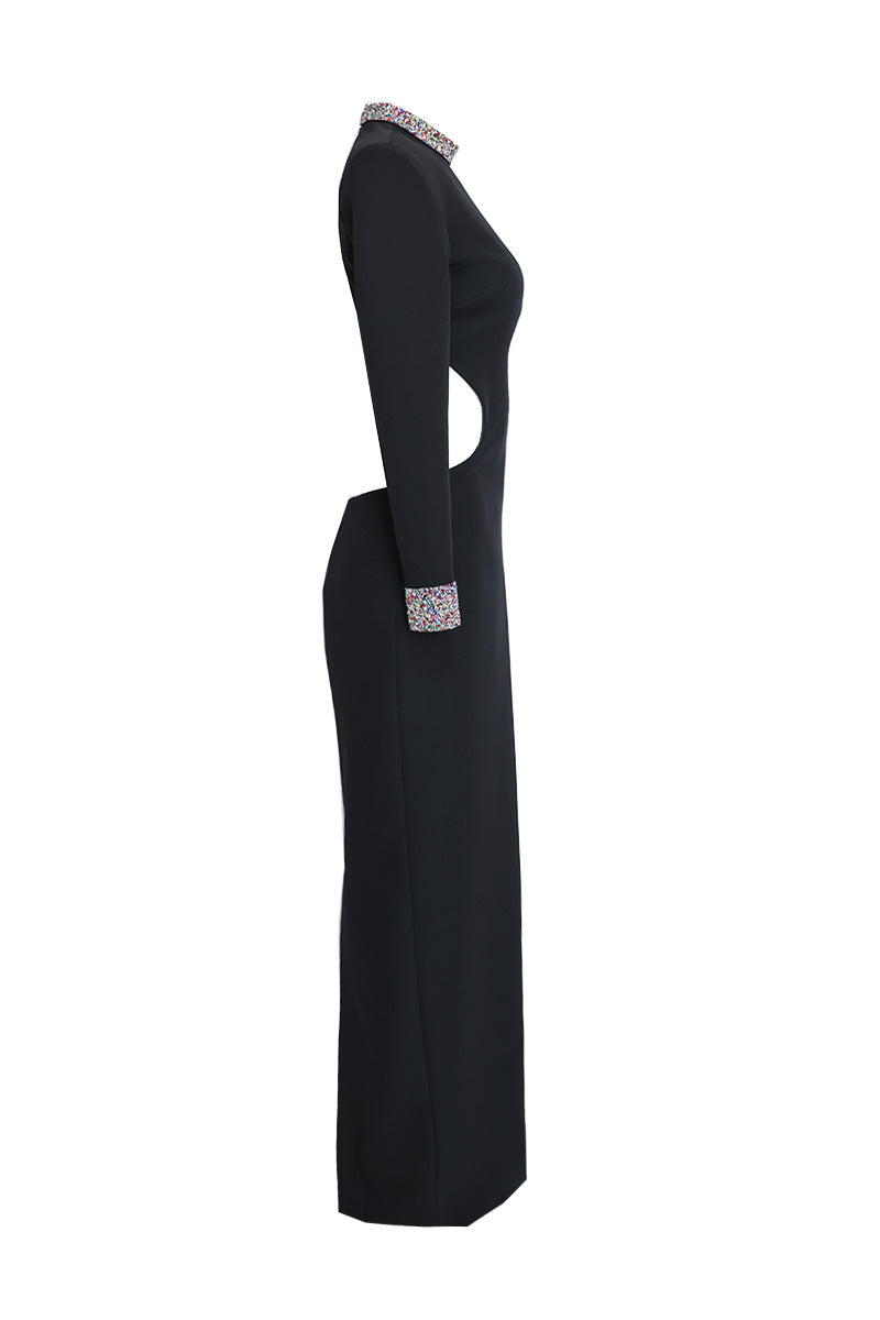 BLACK OPEN-BACK DRESS WITH EMBROIDERED - CULT MIA