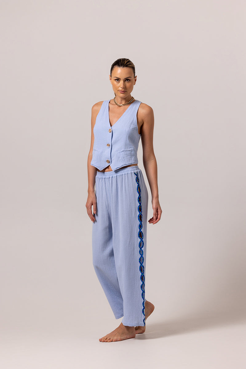BLUE LINEN V-NECK GILET - CULT MIA