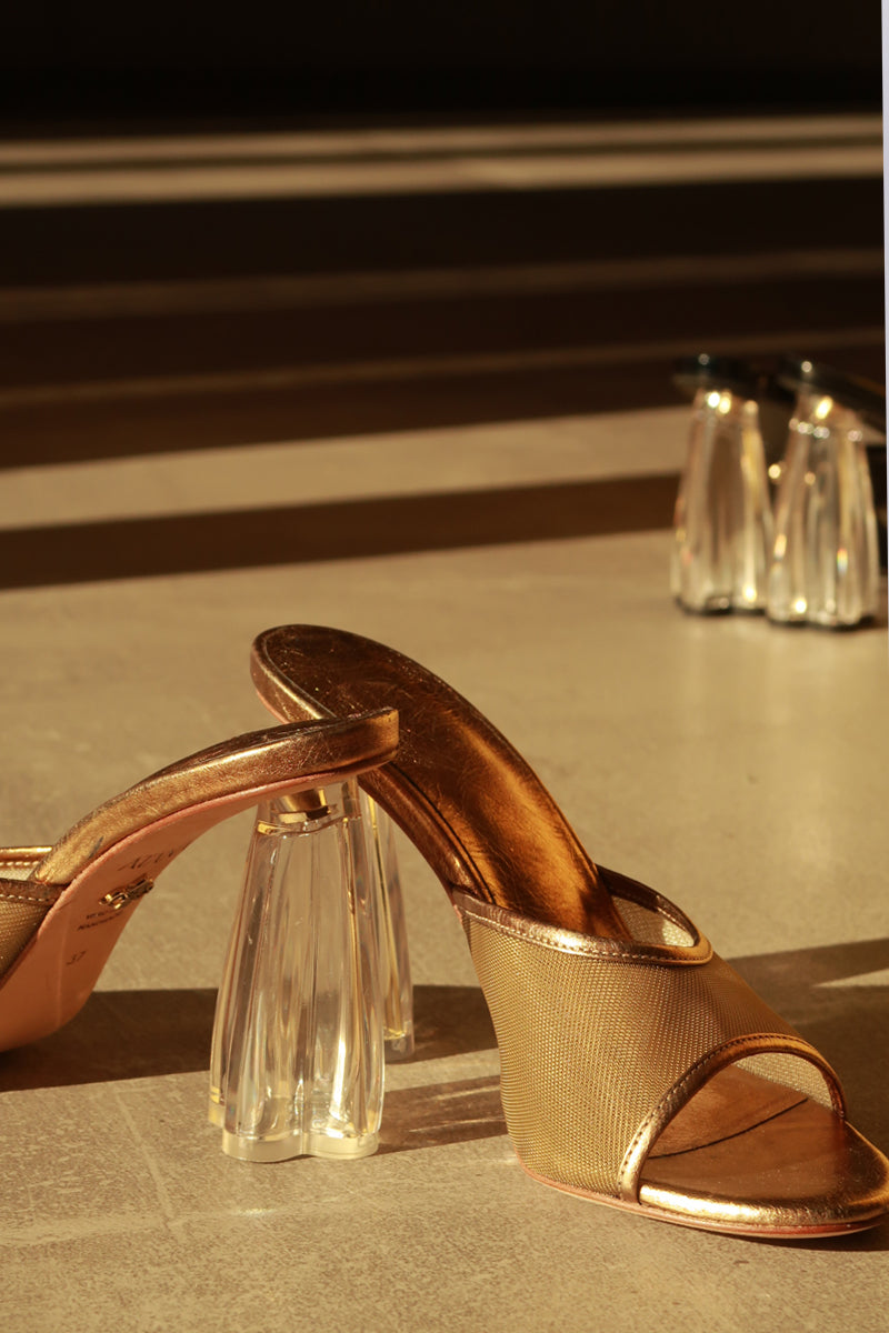 FIORELLINI GLASS MESH MULE 95 IN ANTIQUE GOLD - CULT MIA