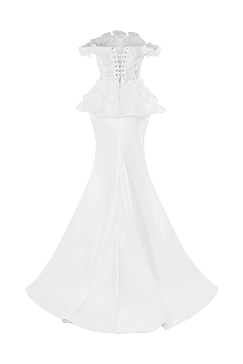 OFF-SHOULDER PEPLUM TRUMPET DRESS IN WHITE - CULT MIA