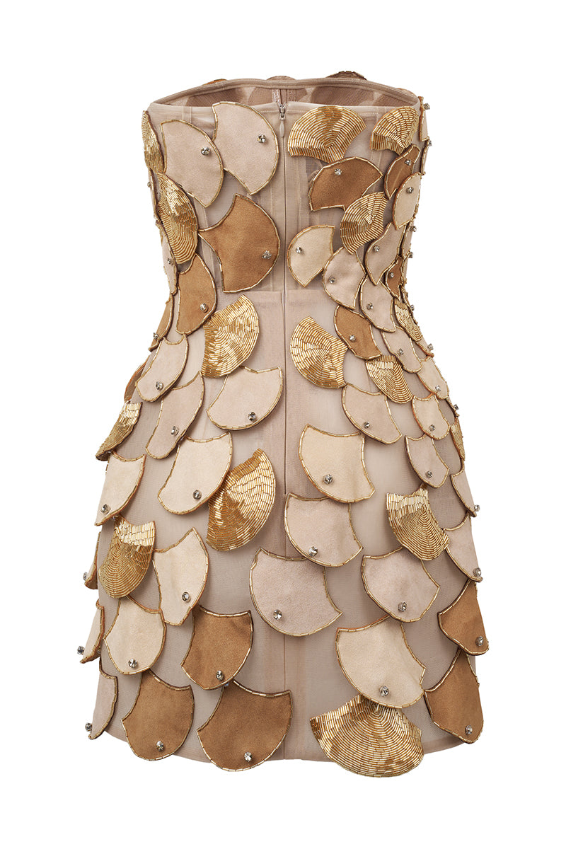 RADICALLY SCALED SLEEVELESS BUSTIER DRESS IN BEIGE - CULT MIA