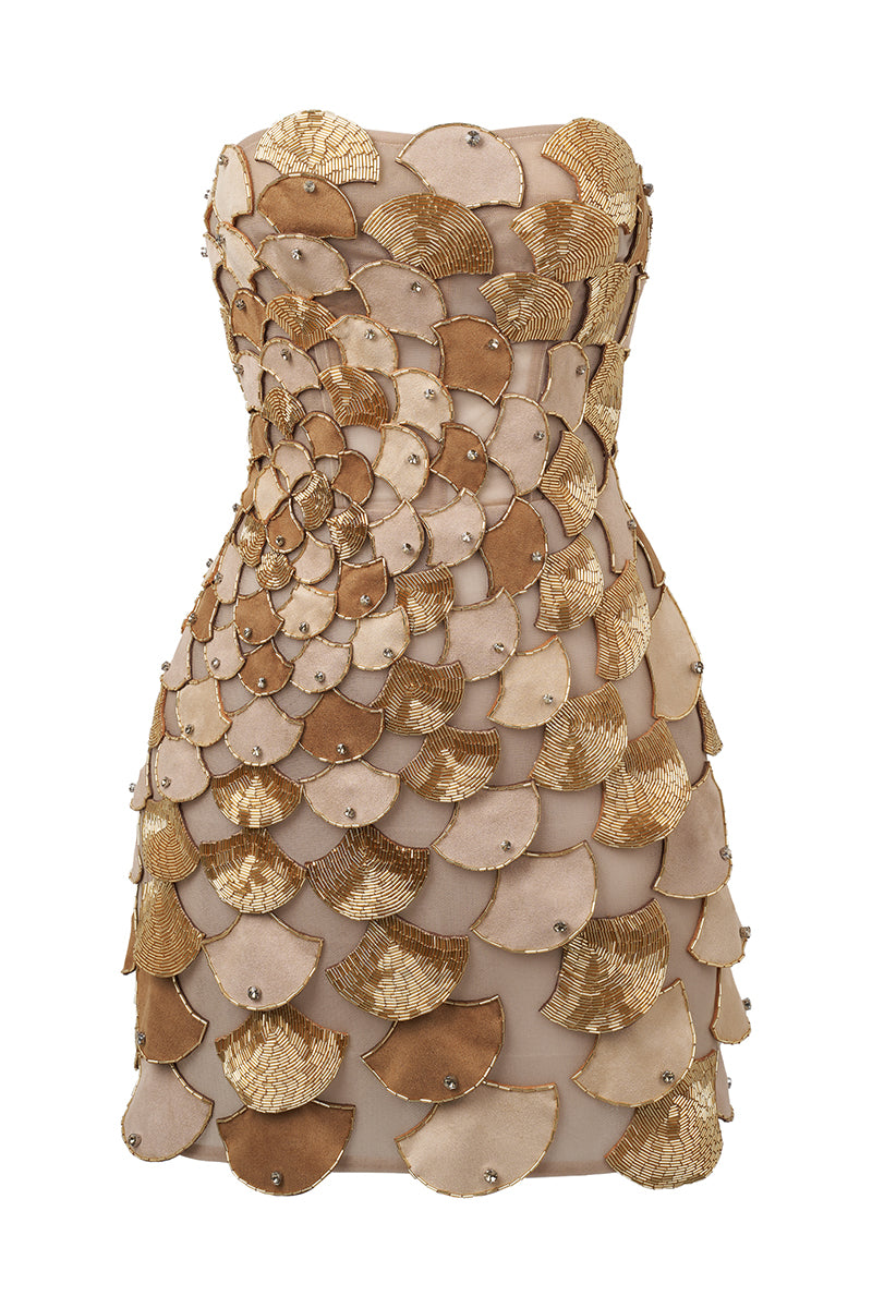 RADICALLY SCALED SLEEVELESS BUSTIER DRESS IN BEIGE - CULT MIA