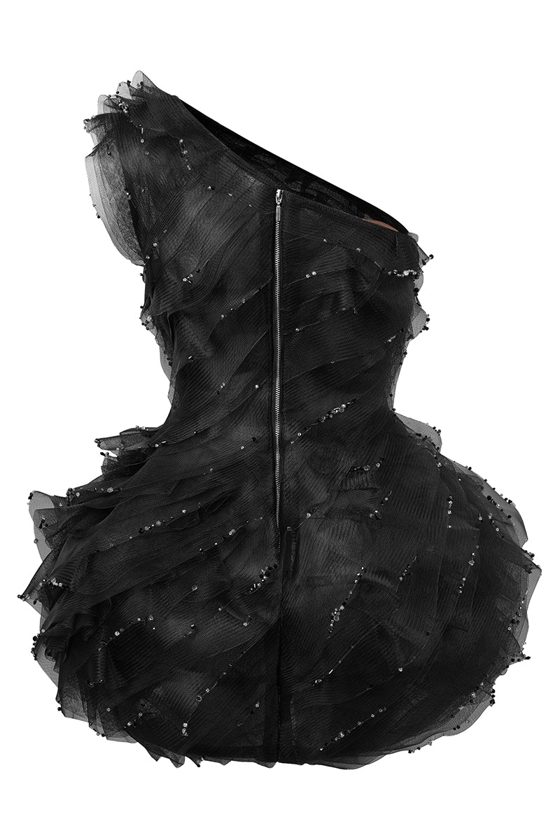ASYMMETRIC BALLOON BUSTIER DRESS IN BLACK - CULT MIA