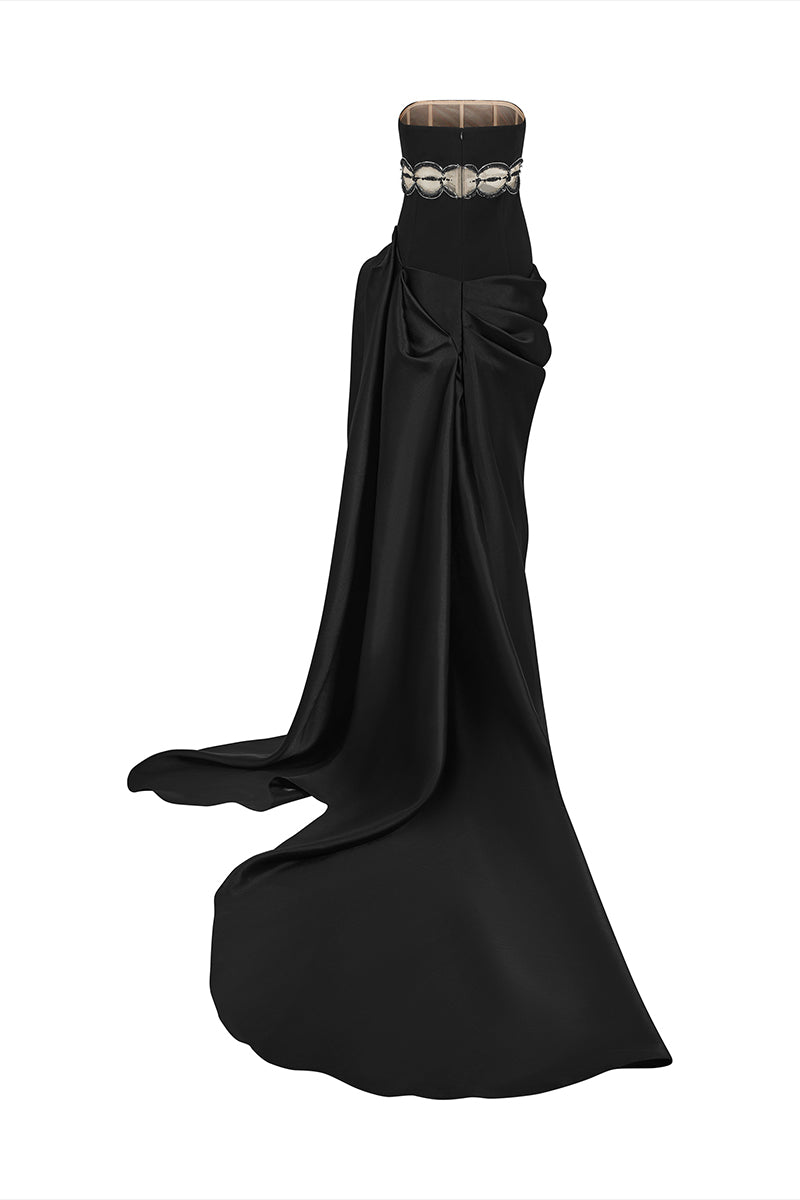 BLACK MAXI DRESS WITH HAND EMBROIDERED WHITE BEADS ON MID-WAIST - CULT MIA