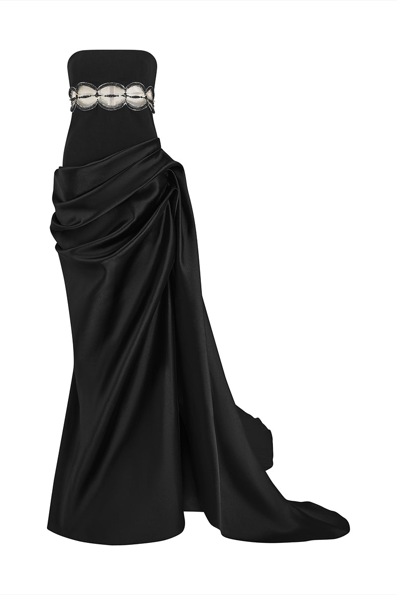 BLACK MAXI DRESS WITH HAND EMBROIDERED WHITE BEADS ON MID-WAIST | CULT MIA | Phan Huy BLACK MAXI DRESS WITH HAND EMBROIDERED WHITE BEADS ON MID-WAIST | CULT MIA | Phan Huy