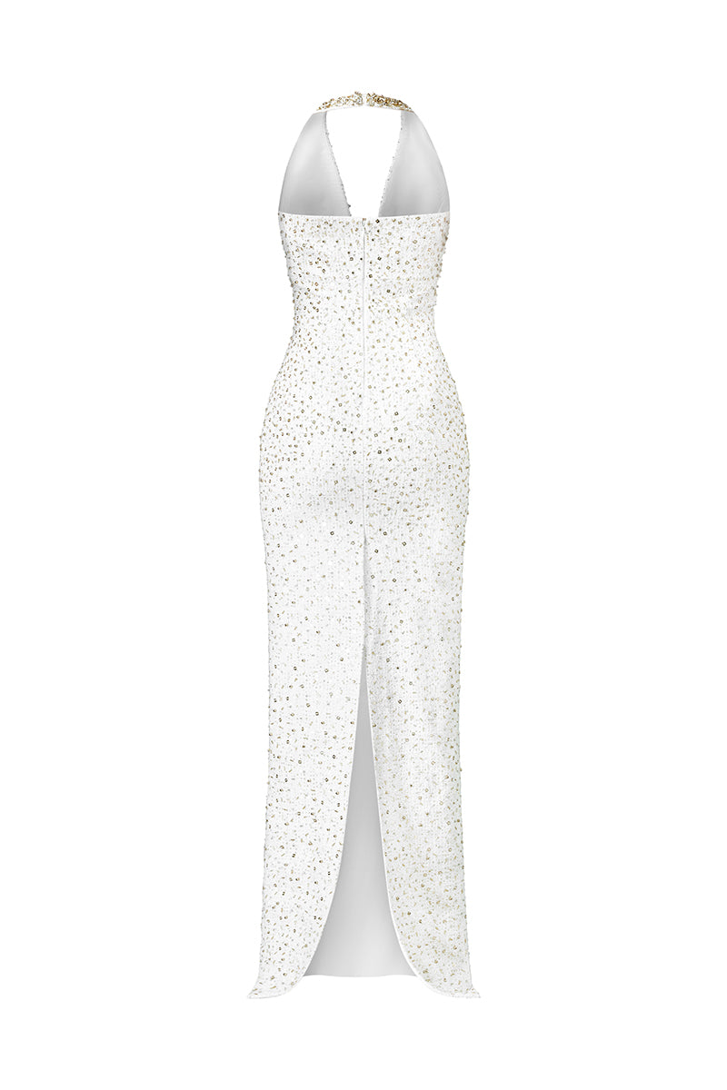 DEEP V-NECK ELEGANT DRESS WITH HAND EMBROIDERED GOLD SEQUINS - CULT MIA