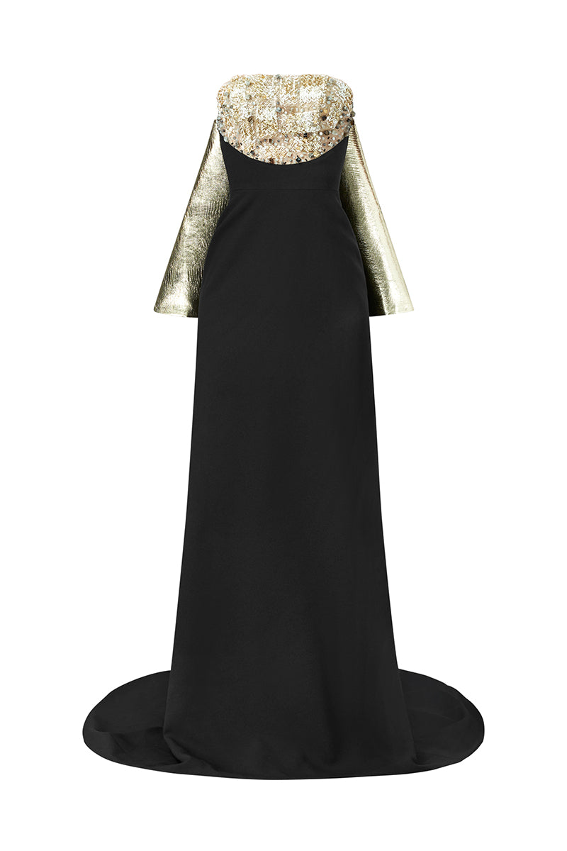 BLACK MAXI DRESS WITH CRYSTAL EMBROIDERED AND GOLD DETACHABLE CAPE | CULT MIA | Phan Huy BLACK MAXI DRESS WITH CRYSTAL EMBROIDERED AND GOLD DETACHABLE CAPE | CULT MIA | Phan Huy