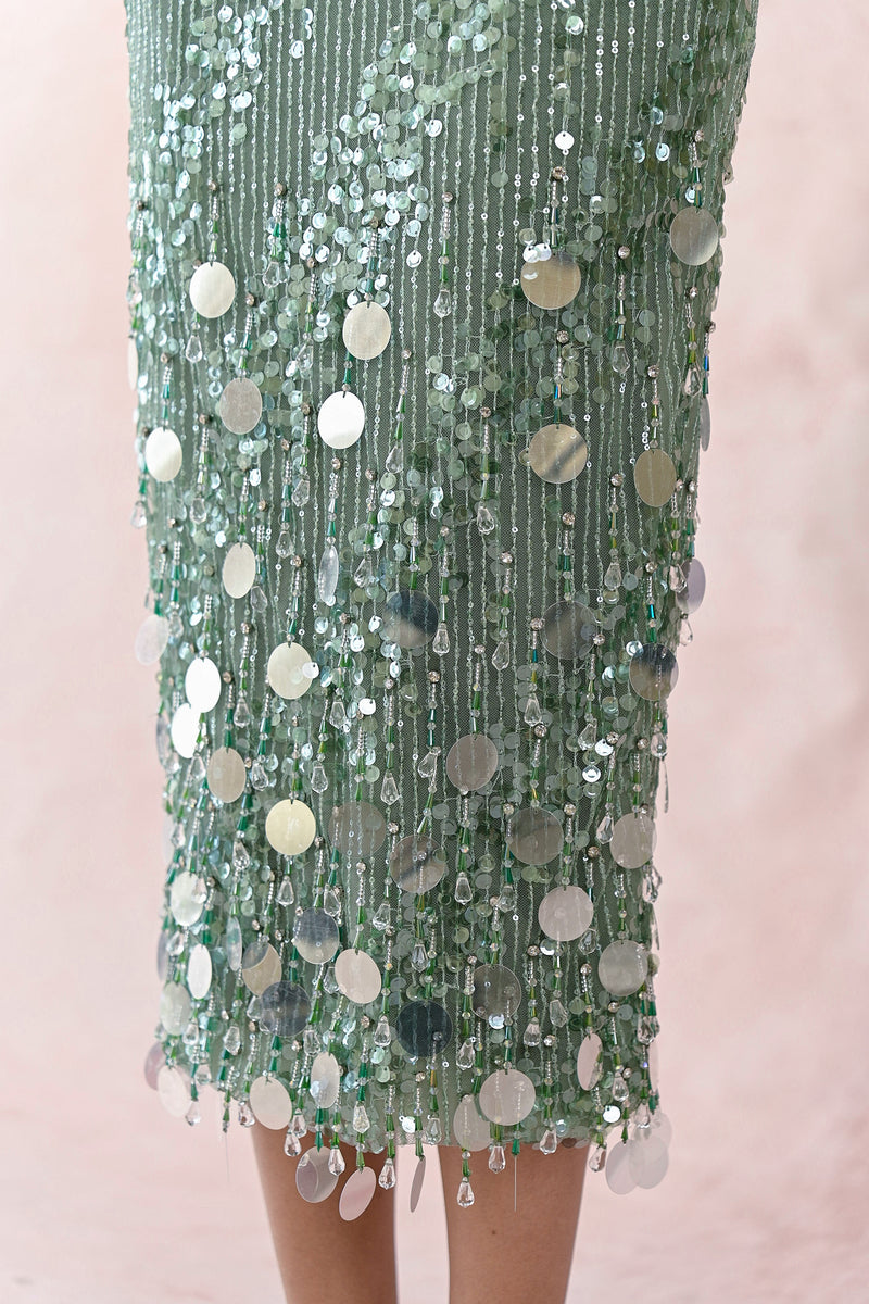 GREEN SEQUIN STRAPLESS DRESS - CULT MIA