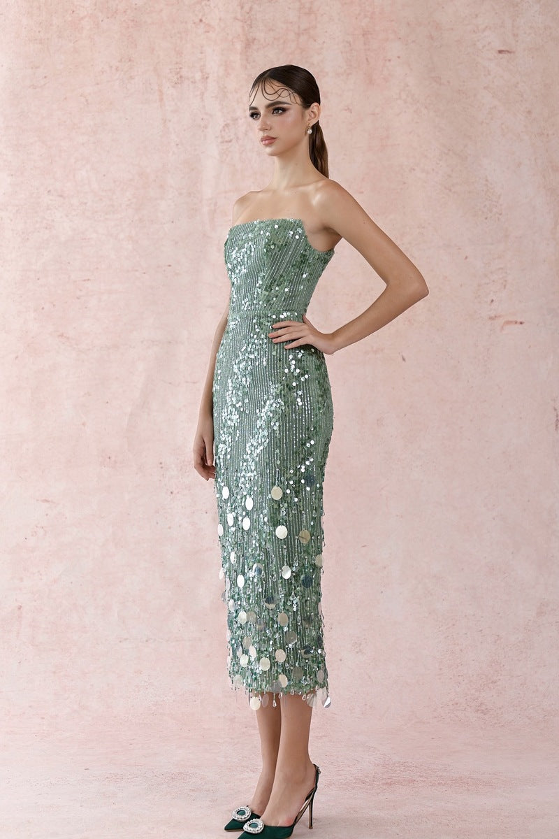 GREEN SEQUIN STRAPLESS DRESS - CULT MIA
