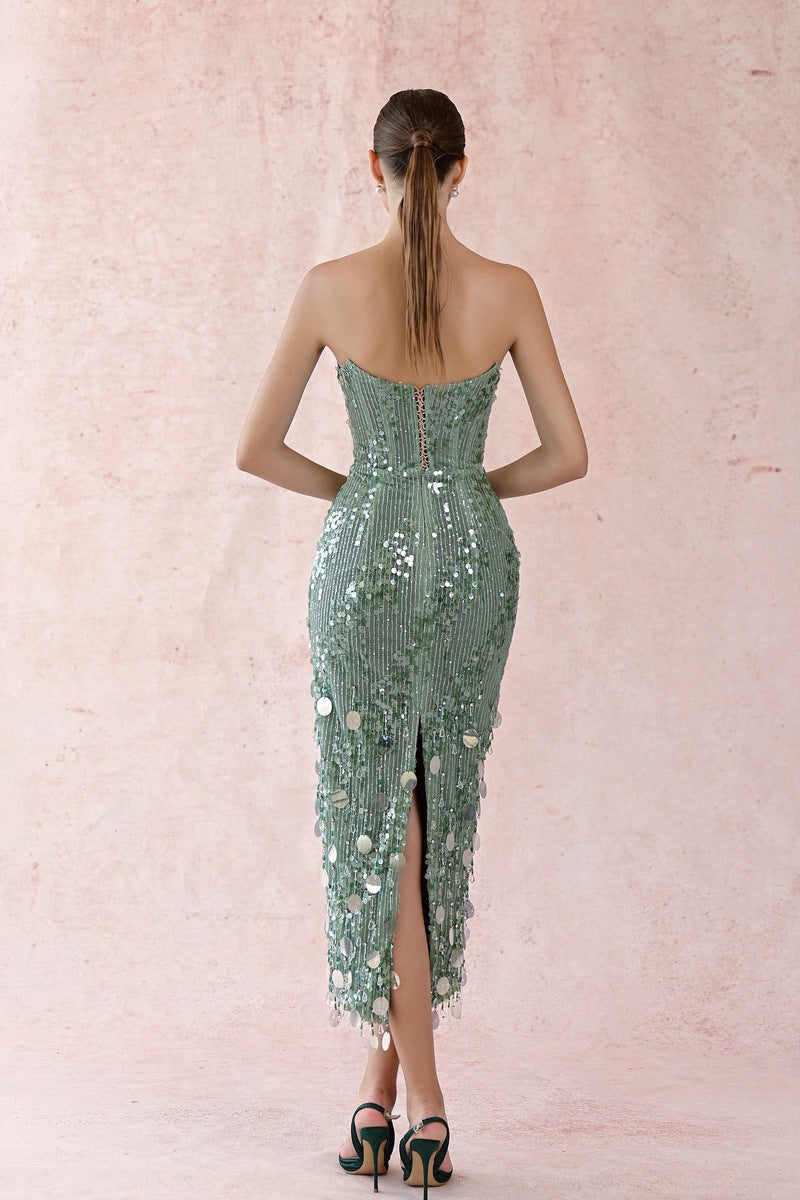 GREEN SEQUIN STRAPLESS DRESS - CULT MIA