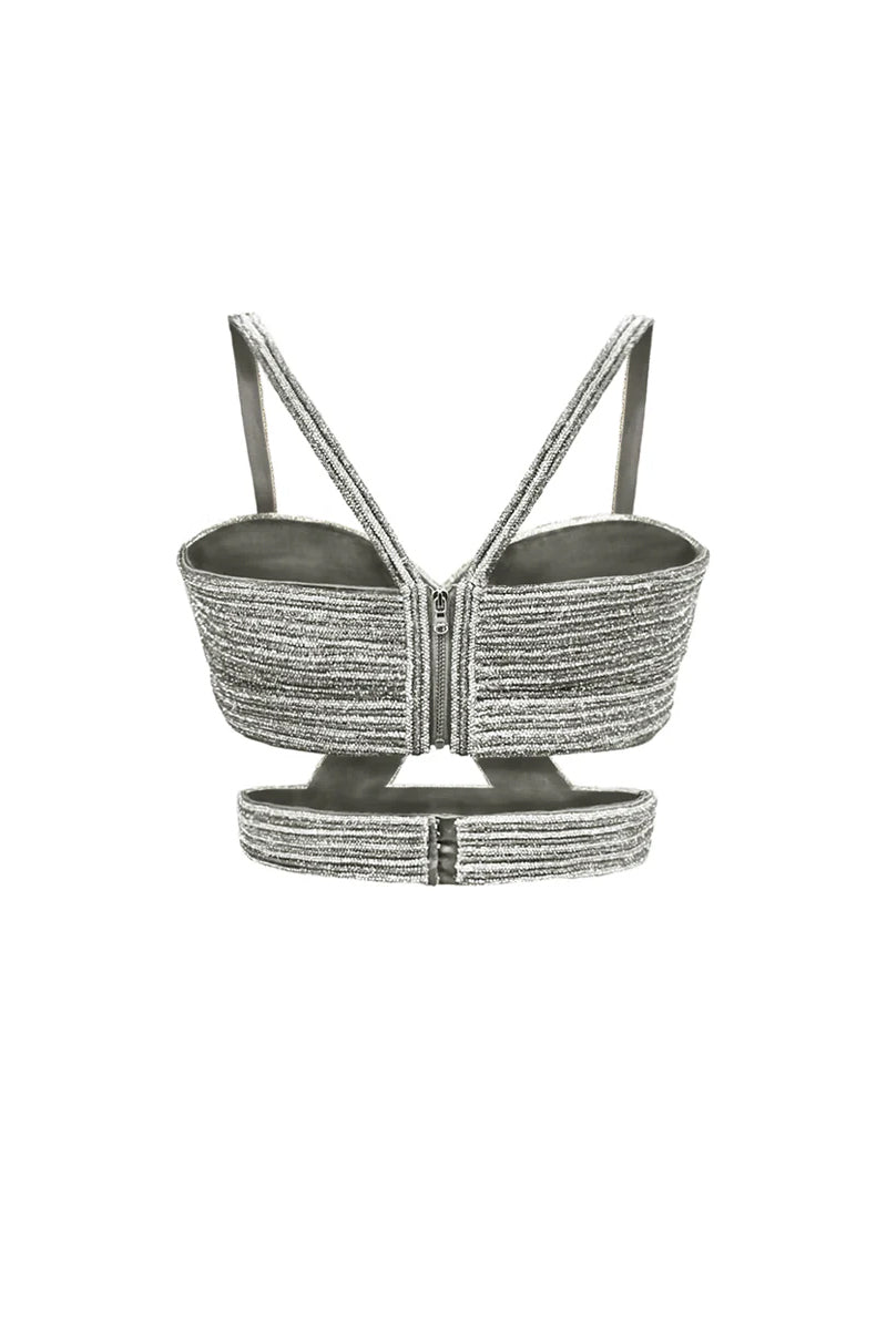 CRYSTAL CORD EMBELLISHED TOP IN SILVER - CULT MIA
