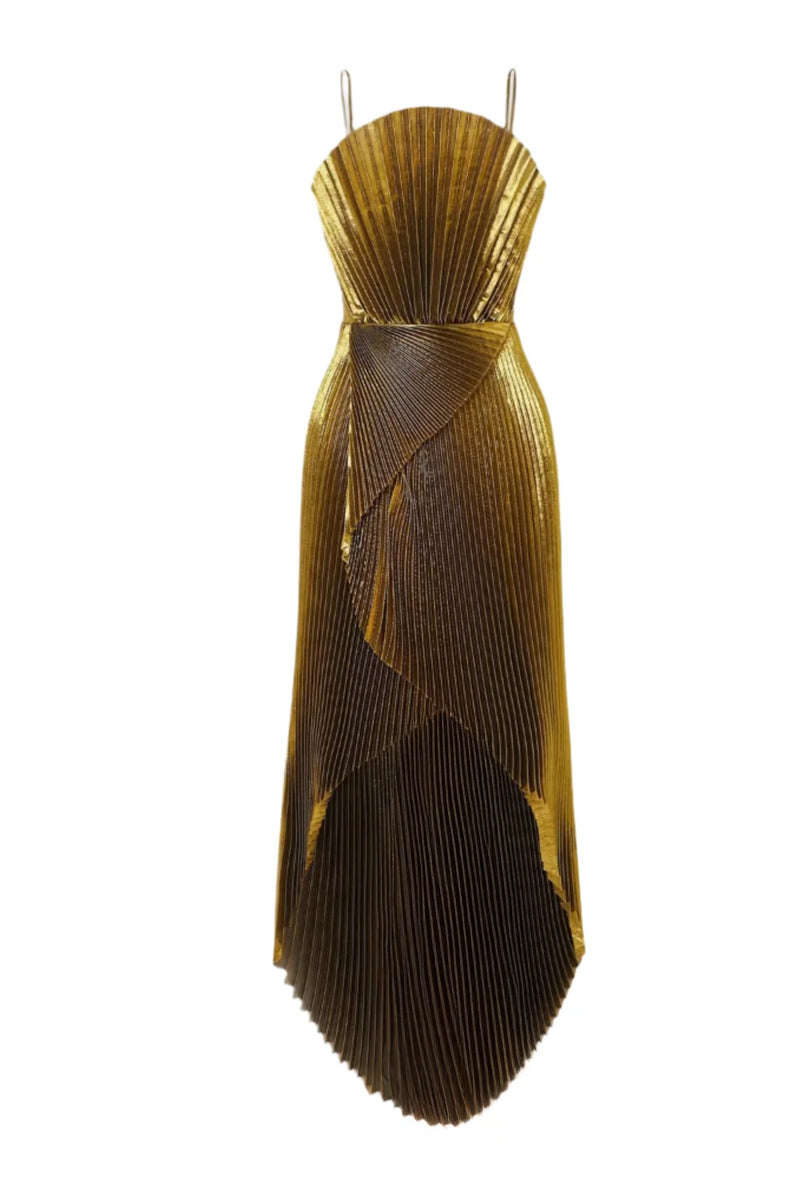 SemSem DRAPED SILK-BLEND PLISS-LAM GOWN IN GOLD | Cult Mia SemSem DRAPED SILK-BLEND PLISS-LAM GOWN IN GOLD | Cult Mia