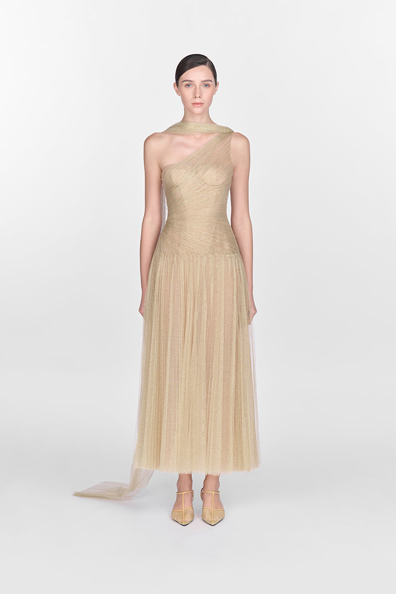GOLD DRAPED MIDI DRESS - CULT MIA