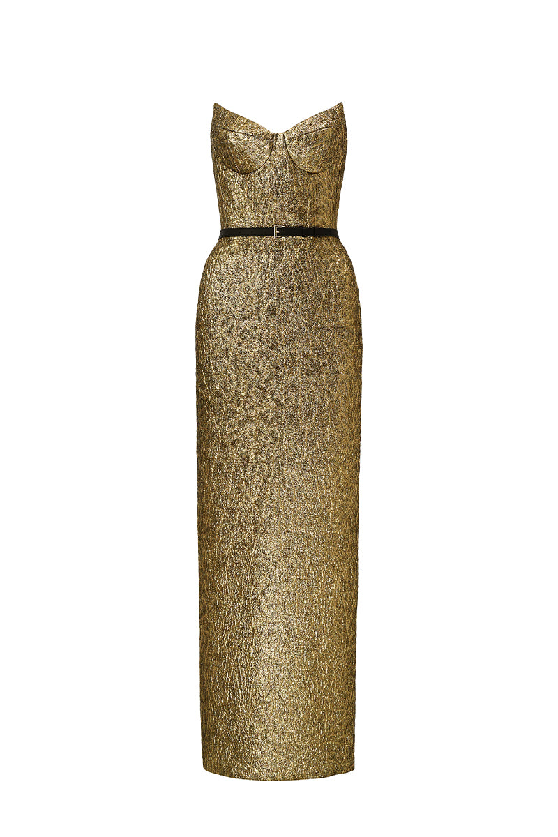 jacquard dress gold Helen Floral Bustier Babydoll Mini American Threads Champagne / M this Goddiva Jacquard Sleeveless A LOTUS JACQUARD COLUMN DRESS IN