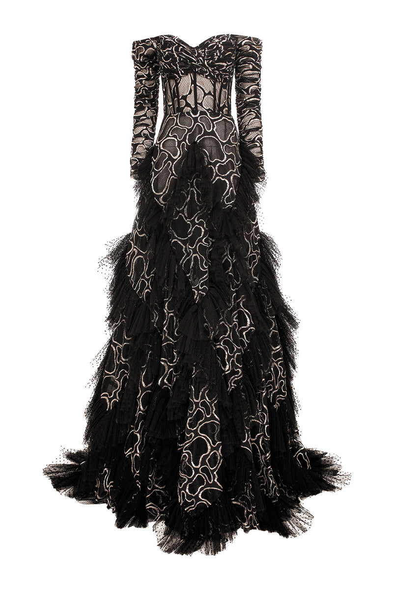 BLACK MAXI PRINCESS DRESS WITH FRILL DETAILS