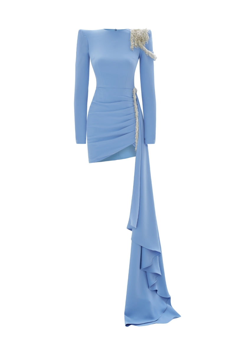 ASYMMETRIC EMBROIDERED MINI DRESS IN BLUE - CULT MIA