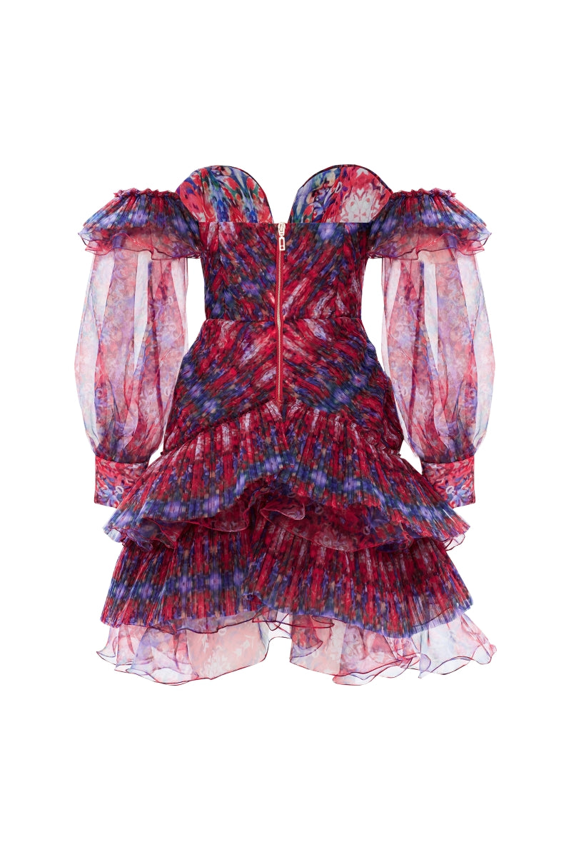 DRAPED PUFFED SLEEVES PATTERNED MINI DRESS IN BURGUNDY - CULT MIA