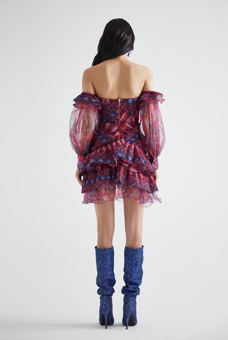 DRAPED PUFFED SLEEVES PATTERNED MINI DRESS IN BURGUNDY - CULT MIA