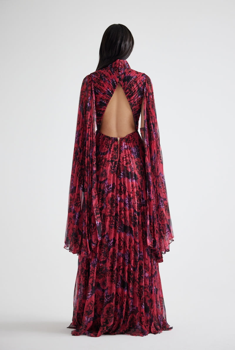 BUST DETAILED DRAPED FLORAL PATTERN MAXI DRESS IN FUCHSIA FLORAL - CULT MIA