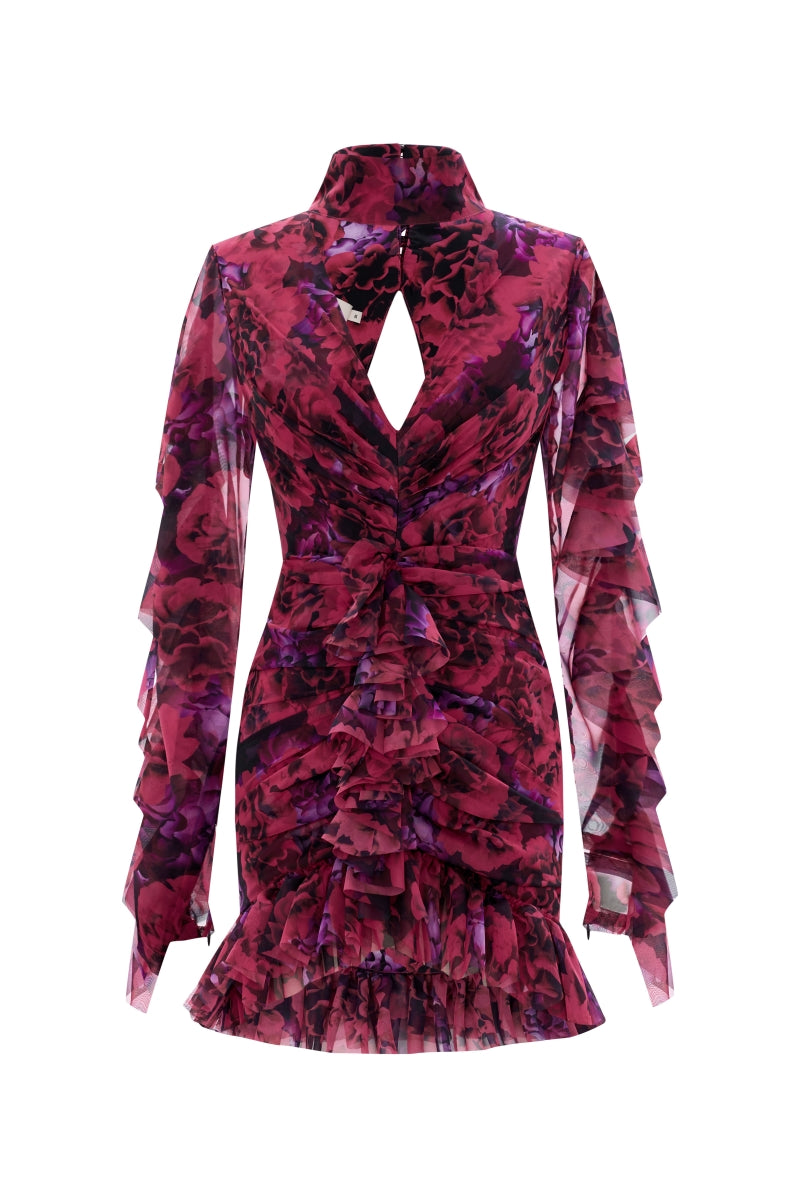 RUFFLED FLORAL PATTERNED MINI DRESS IN FUCHSIA FLORAL - CULT MIA