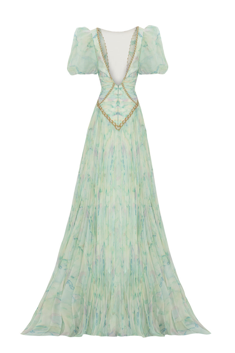 GREEN HANDMADE PUFF SLEEVE PLEATED LONG DRESS - CULT MIA