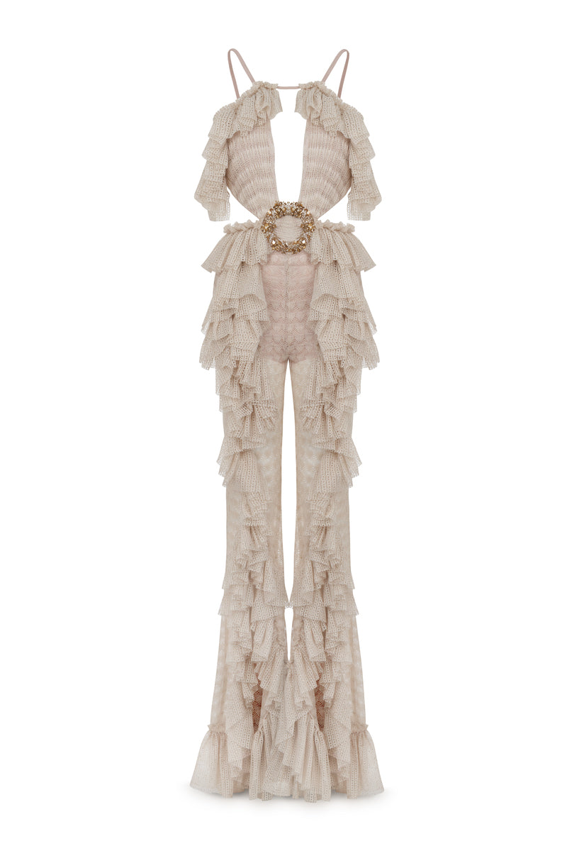 ECRU CUT-OUT DETAILED OPEN KNIT RUFFLE JUMPSUIT - CULT MIA