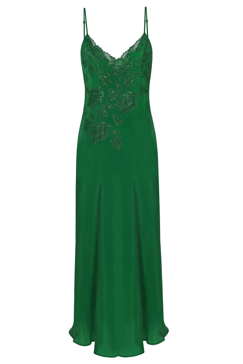Green Silk Night Dress Lace Trim Midi Slip Dress | Modern Satin Elegance Green Silk Night Dress Lace Trim Midi Slip Dress | Modern Satin Elegance