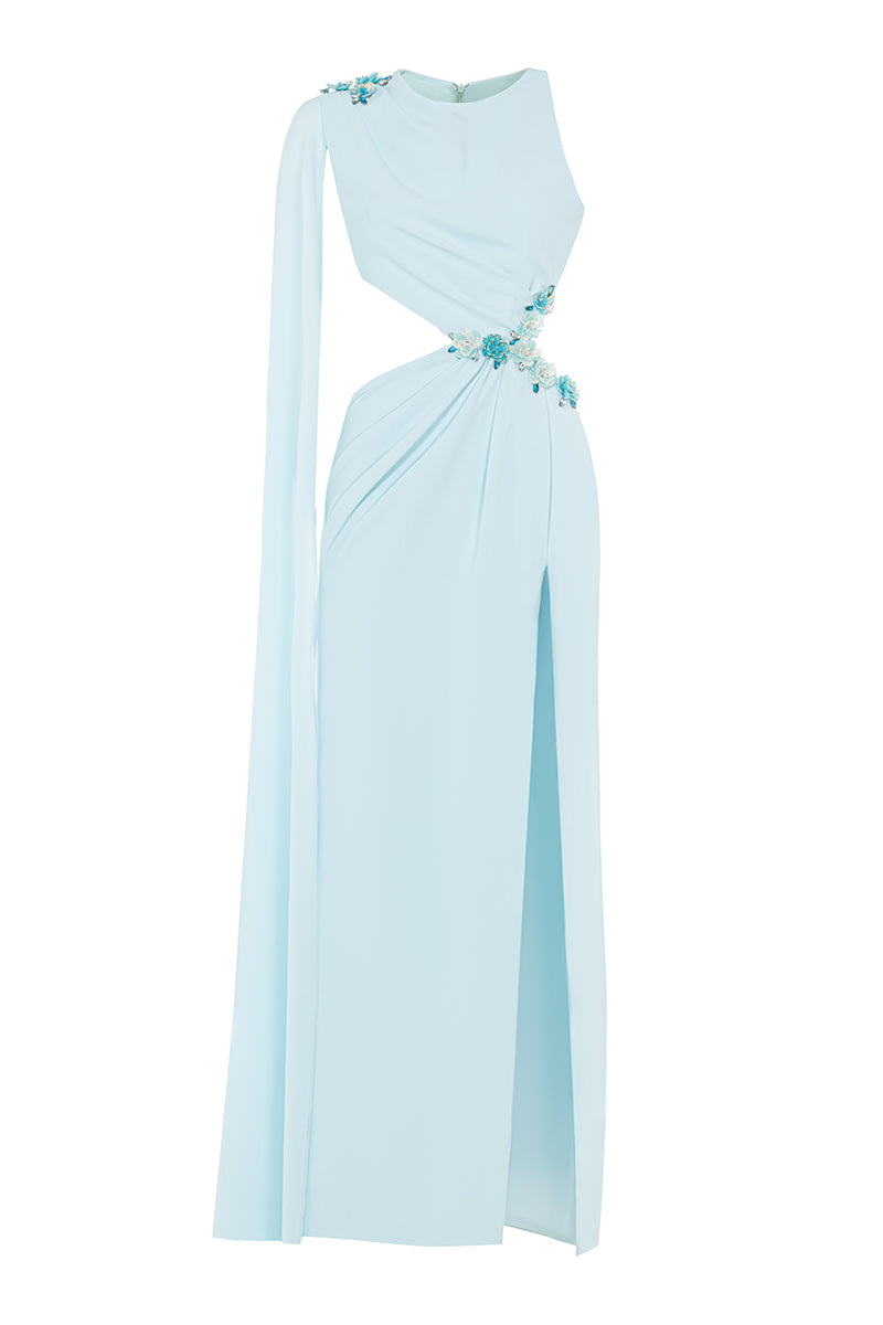 BLUE EMBELLISHED CAPE GOWN | CULT MIA | Monika Dimova BLUE EMBELLISHED CAPE GOWN | CULT MIA | Monika Dimova