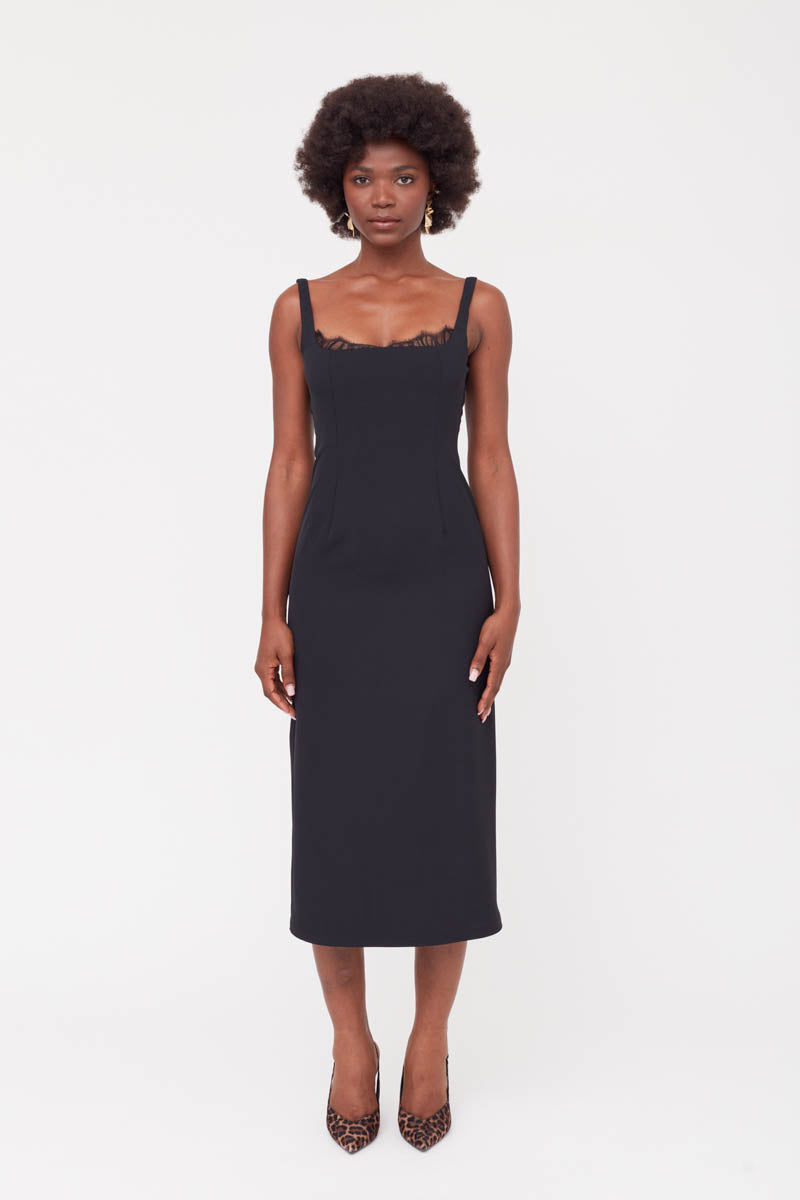 HILDA BLACK SQUARE NECKLINE DRESS WITH LACE DETAIL - CULT MIA