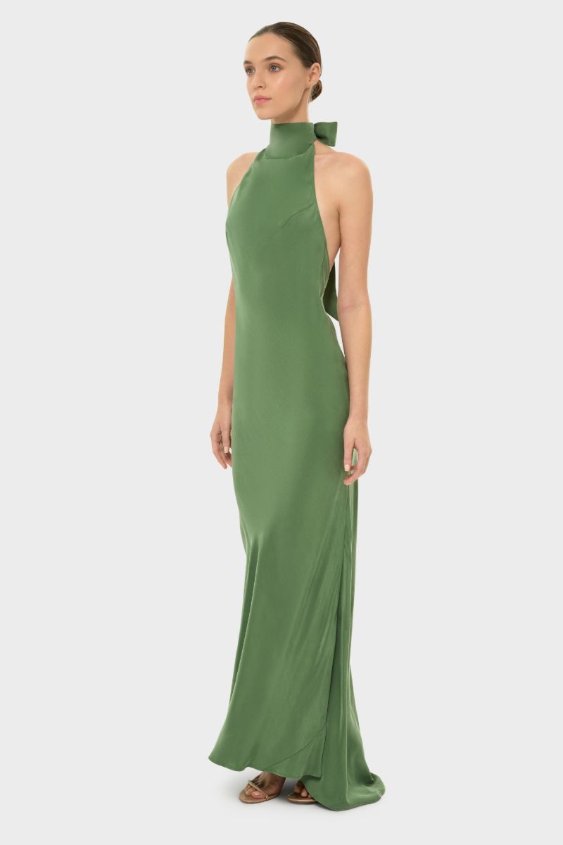 AQUAFLORA HALTER NECK SLIP DRESS IN MOSS - CULT MIA