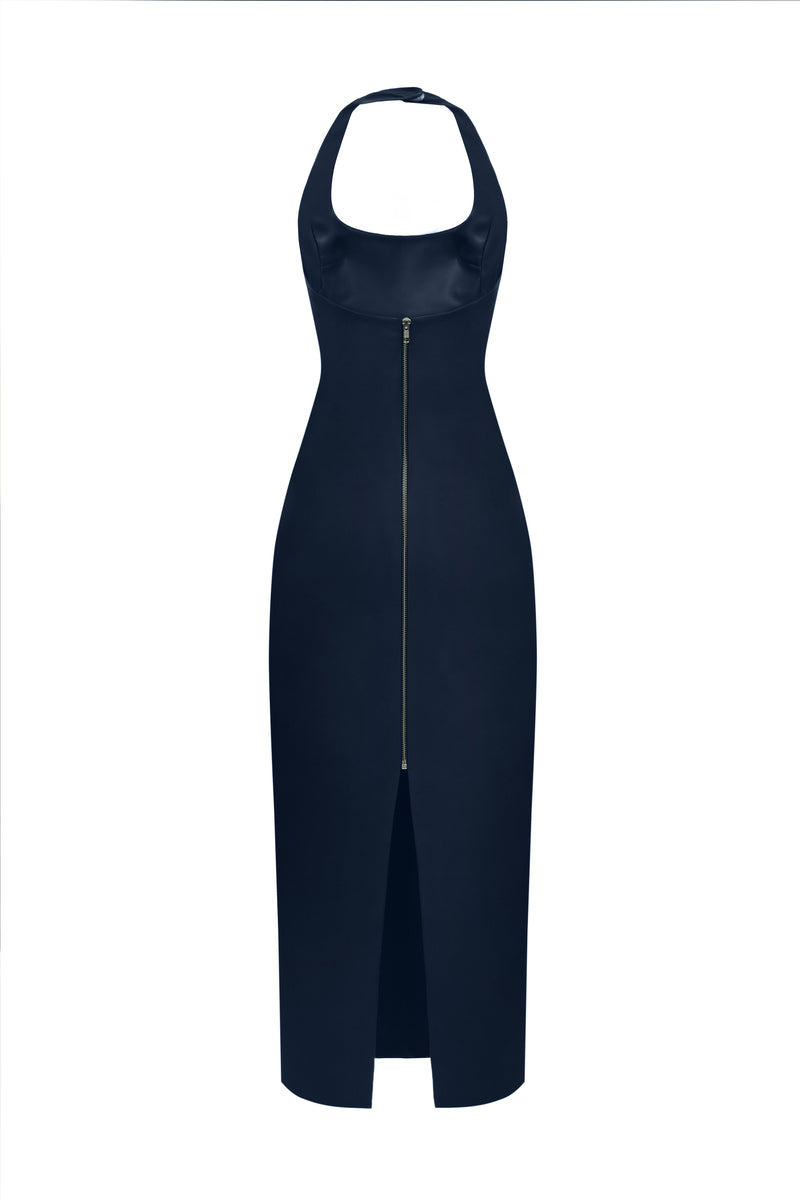 HALTER NECK TWO SIDED LEATHER DRESS IN NAVY-BLUE - CULT MIA