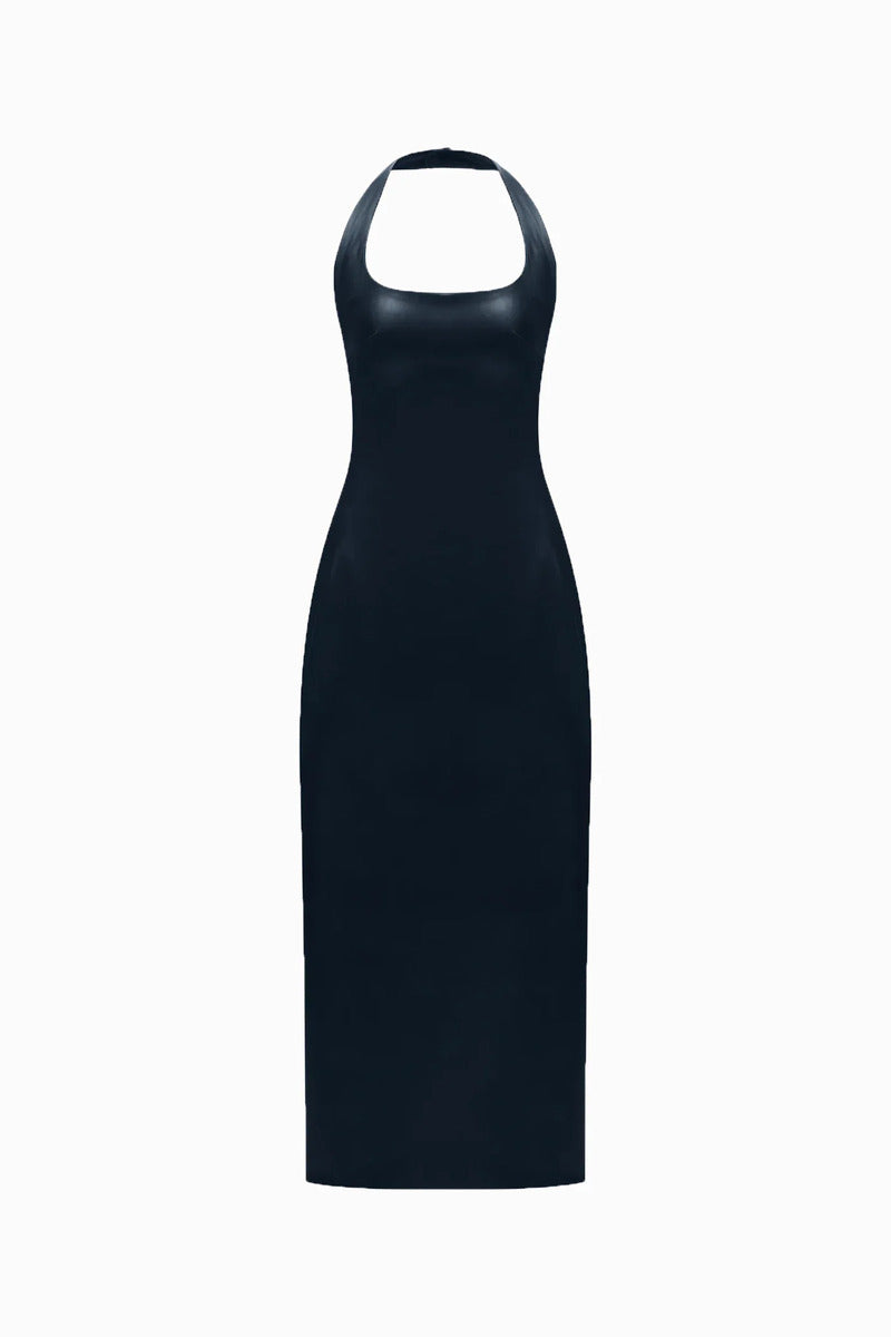 HALTER NECK TWO SIDED LEATHER DRESS IN NAVY-BLUE - CULT MIA