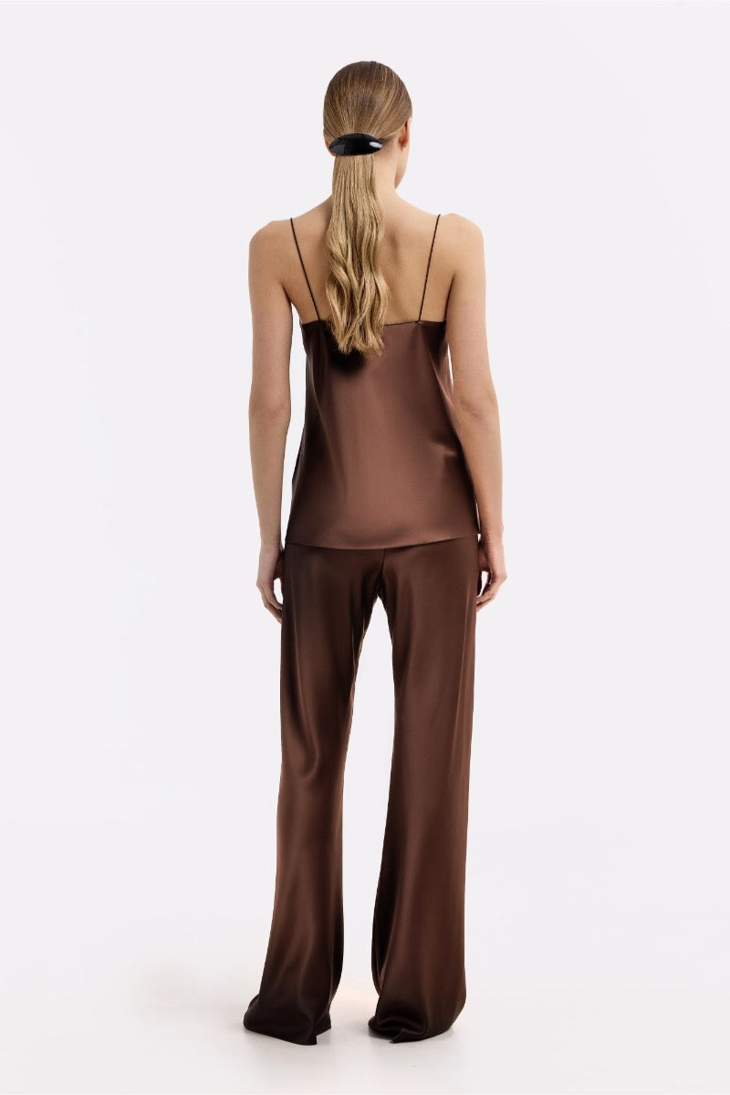 HANNA CHOCOLATE STRAIGHT-NECK SILK-SATIN CAMI TOP - CULT MIA