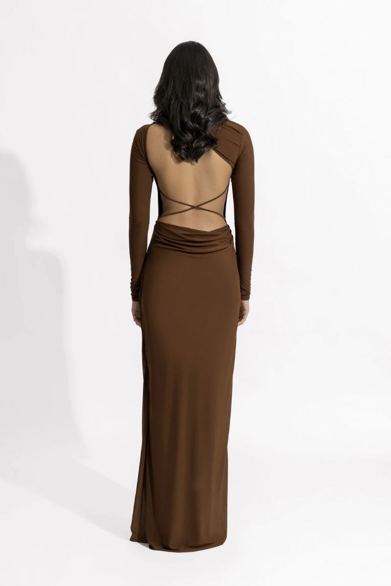 HENA CHOCOLATE BROWN MAXI DRESS - CULT MIA
