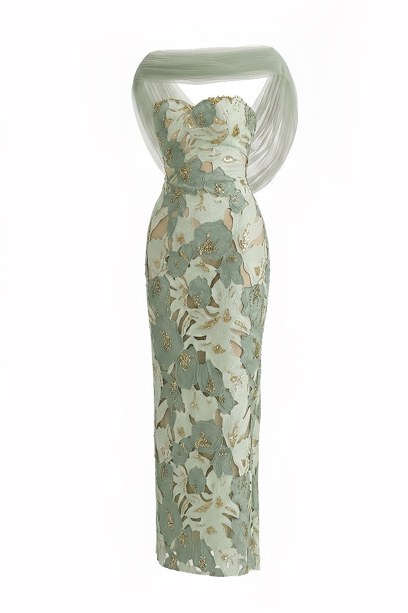 MINT RELIEF FLORAL MAXI DRESS WITH SHAWL | CULT MIA