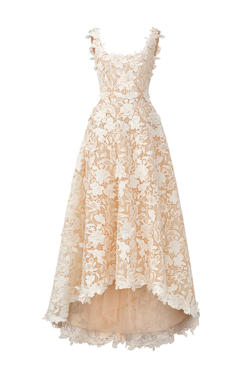 PEARL EMBELLISHED FLORAL LACE A-LINE DRESS IN IVORY | CULT MIA