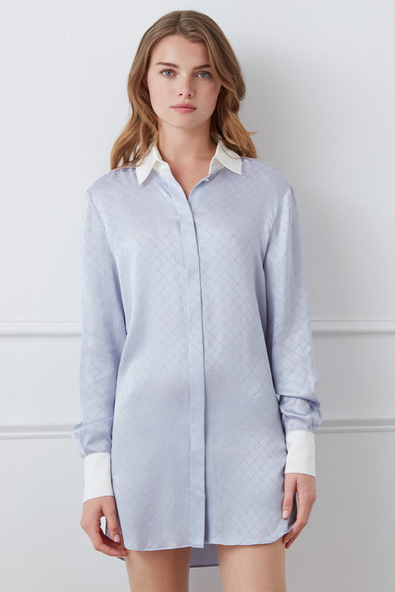 MONOGRAM SILK LONG SHIRT IN PURPLE - CULT MIA