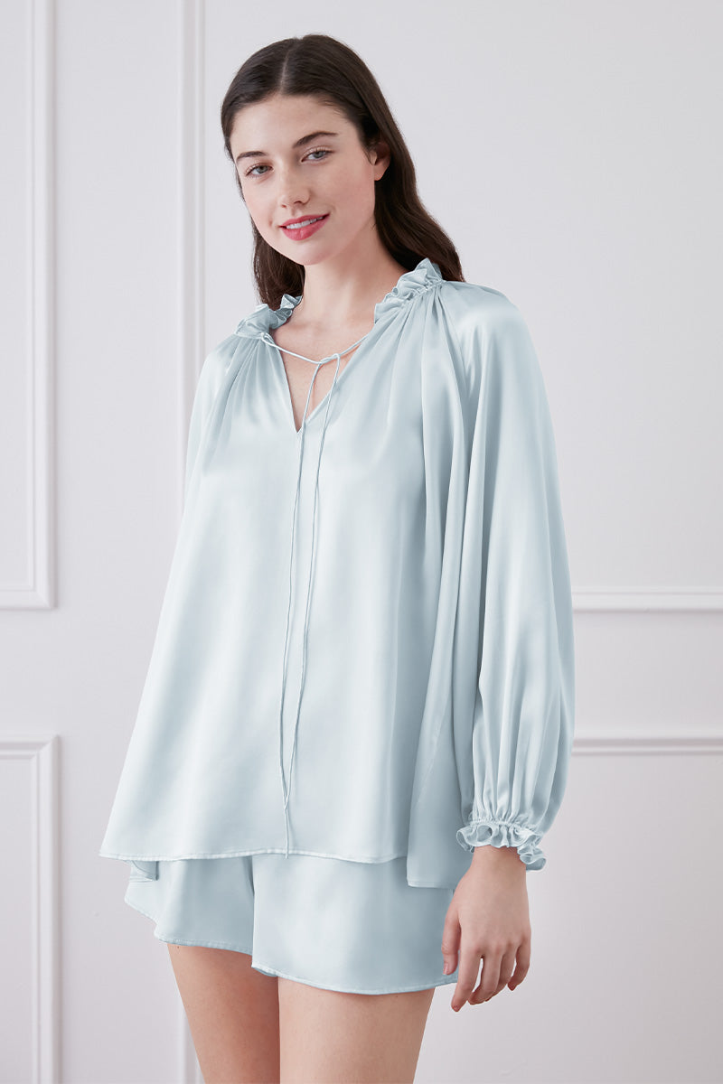 SOPHIA RUFFLE TRIM BLOUSE AND SHORTS IN BLUE - CULT MIA