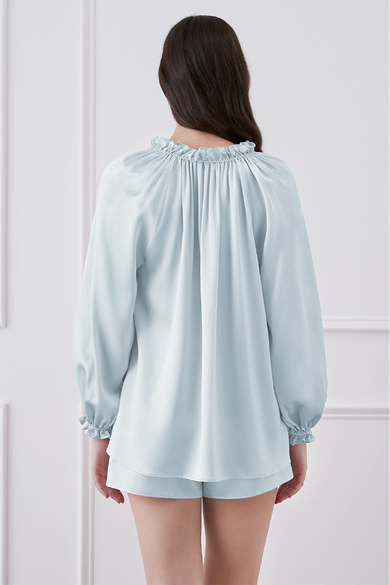 SOPHIA RUFFLE TRIM BLOUSE AND SHORTS IN BLUE - CULT MIA