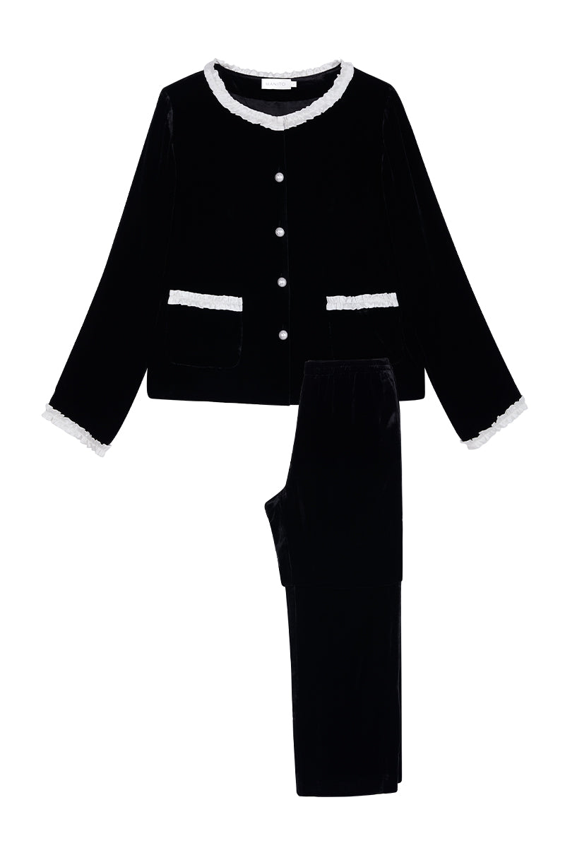 CHARLOTTE VELVET PAJAMA SET IN BLACK - CULT MIA